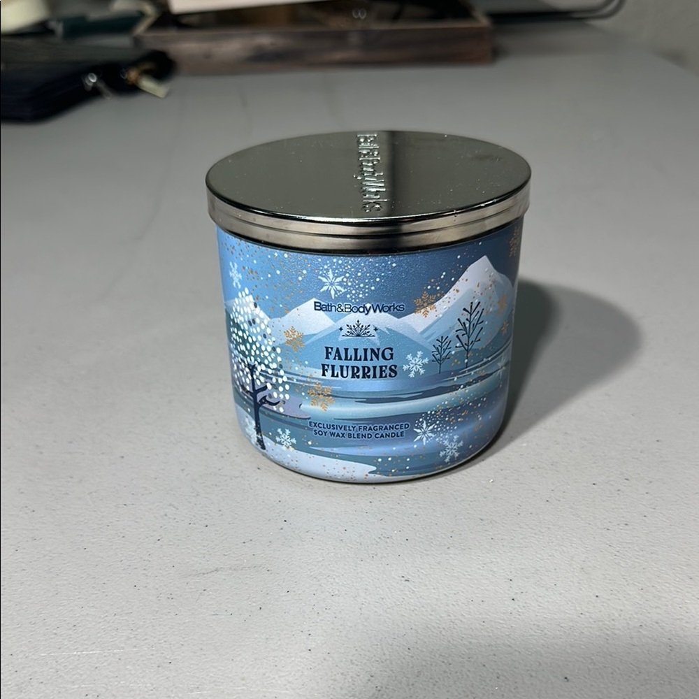 Bath & Body Works Falling Flurries Candle - Blue and Silver Design